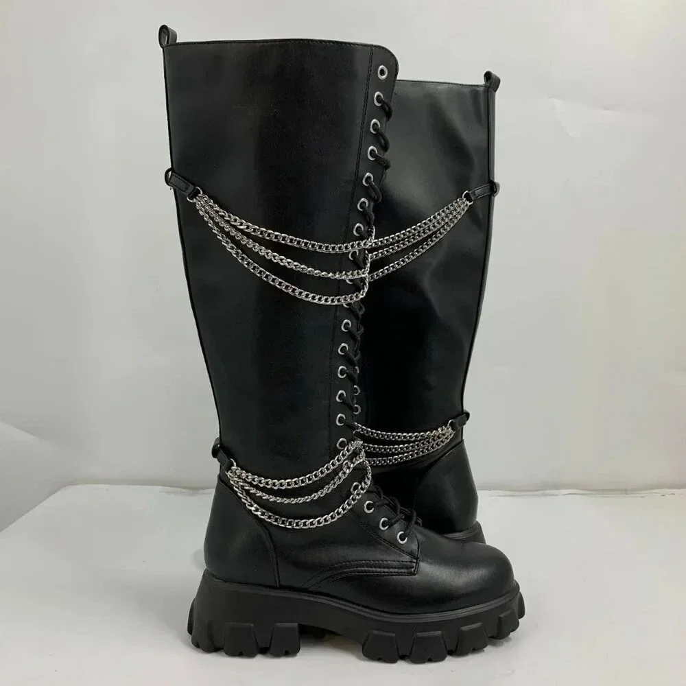 Hot Topic Women’s Black Chains Platform Side Zip Knee-High Boots Size 10 NWOB - Picture 6 of 16
